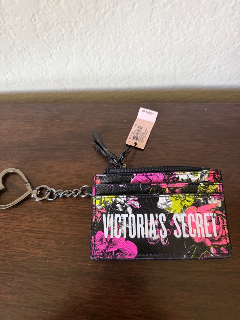Victoria's Secret Black Floral Card Holder Keychain with Pink & Yellow Blooms